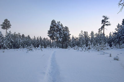 Snow covered landscape against clear sky