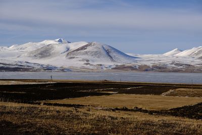 Scenic view of snowcapped mountains against sky