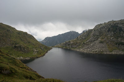 Scenic view of lake against cloudy sky