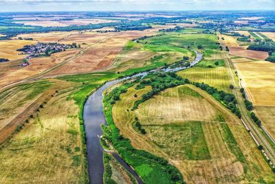 High angle view of agricultural field inwurzen in saxony with mulde river 