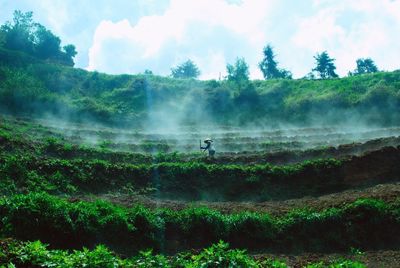 Scenic view of waterfall on landscape against sky