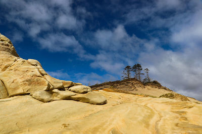 Low angle view of rock formations against sky