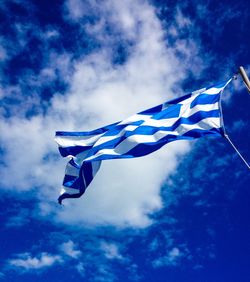 Low angle view of flag against cloudy sky