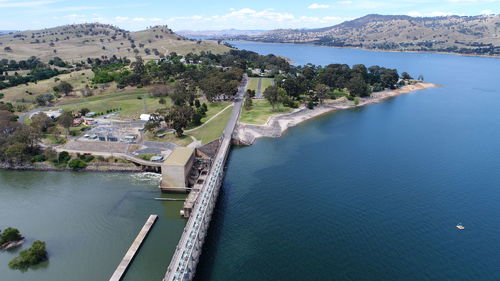 High angle view of bay against clear sky