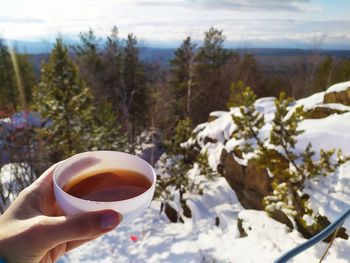 Close-up of hand holding ice tea