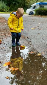 Reflection of boy in puddle