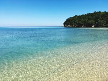 Scenic view of sea against clear blue sky