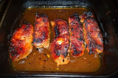 Close-up of meat on barbecue grill