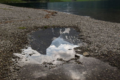 High angle view of puddle on lake during winter