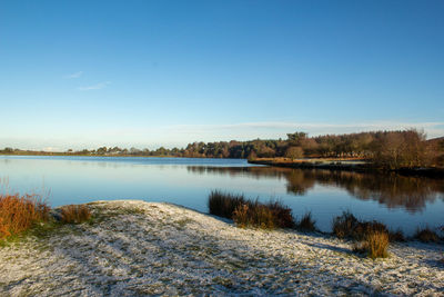 Scenic view of lake against clear blue sky