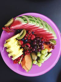 High angle view of fruits in plate on table