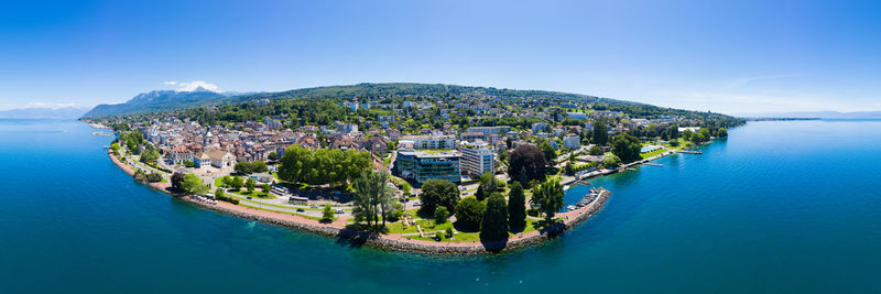 High angle view of sea against blue sky