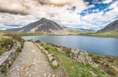 Scenic view of lake by mountains against sky