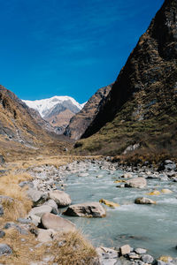 Scenic view of mountains against blue sky