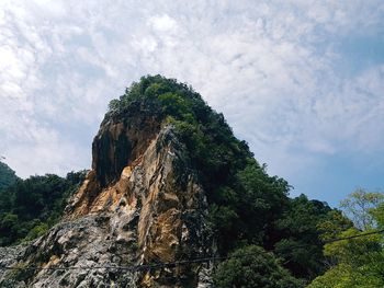 Low angle view of rock formation amidst trees against sky