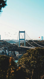 Suspension bridge in city against clear sky