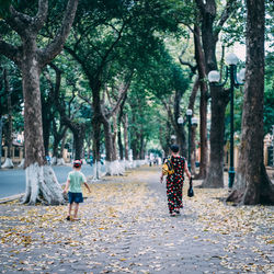 Rear view of mother and son walking on footpath amidst trees