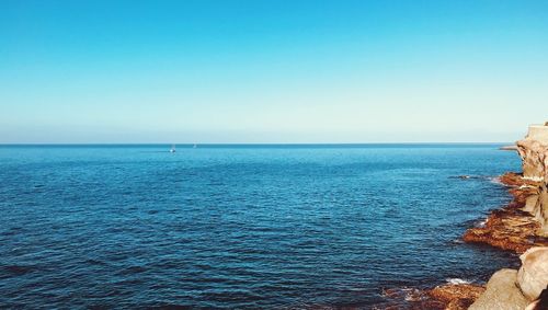 Scenic view of sea against clear blue sky