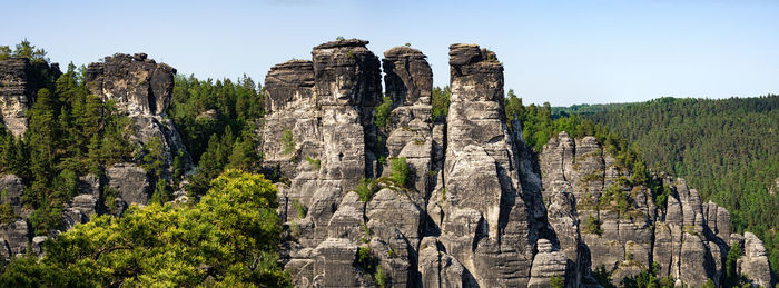 Panoramic view of trees and rocks against sky