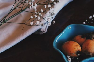 High angle view of fruit in bowl on table