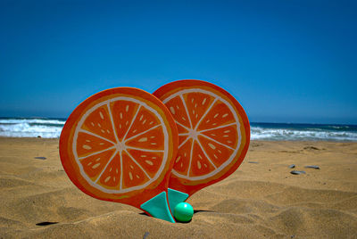 Information sign on beach against clear blue sky