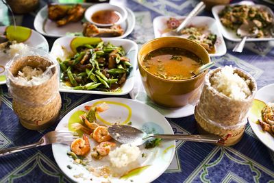 High angle view of thai food served on table