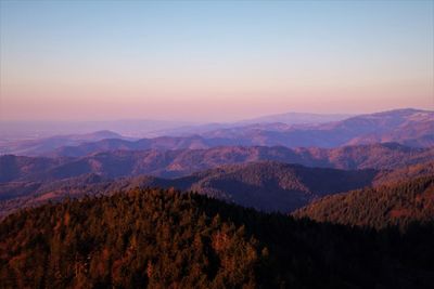 Scenic view of mountains against sky during sunset