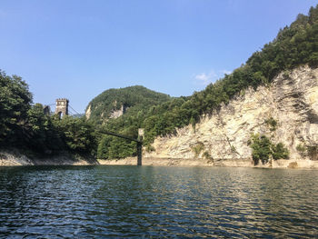 Scenic view of river by trees against clear sky