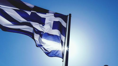 Low angle view of flags against clear blue sky