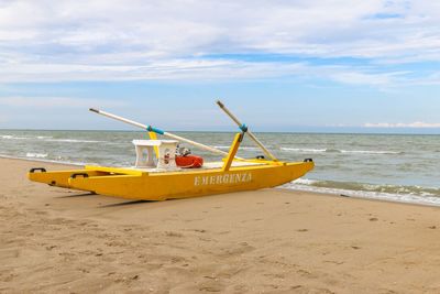 Boat on beach against sky