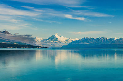 Scenic view of lake and mountains against sky during winter