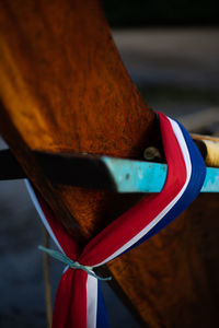 Close-up of multi colored tied on rope