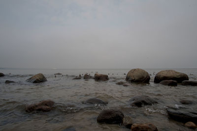 Rocks on beach against sky