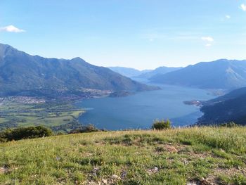 Scenic view of lake and mountains against sky