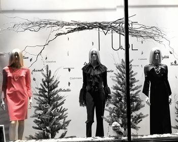 Rear view of female statue on tree during winter