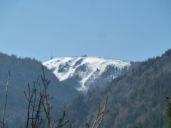 Scenic view of snowcapped mountains against clear blue sky