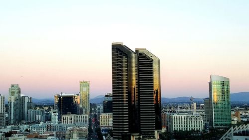 City skyline at sunset