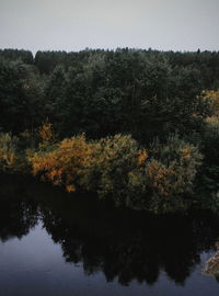 Scenic view of lake in forest against clear sky