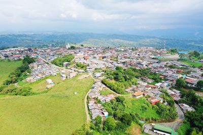 High angle view of townscape against sky