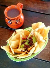 High angle view of food in plate on table