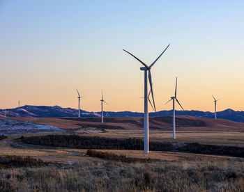 Wind turbines in a field with clear sky