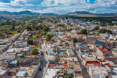 High angle view of townscape against sky