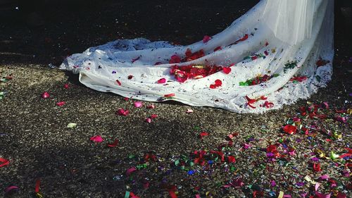 Rose petals and confetti on wedding dress on bride at field