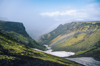 View of amazing landscape in iceland while trekking famous laugavegur trail