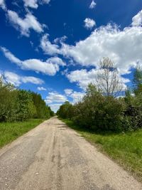 Empty road amidst field against sky