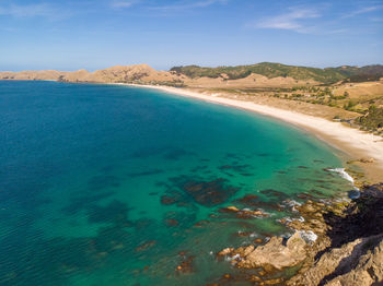 Aerial view of otama beach, coromandel nz