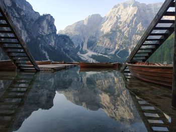 Scenic view of lake by snowcapped mountains against sky