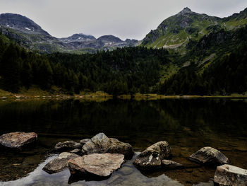 Scenic view of lake and mountains against sky