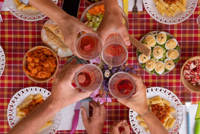 High angle view of people on table