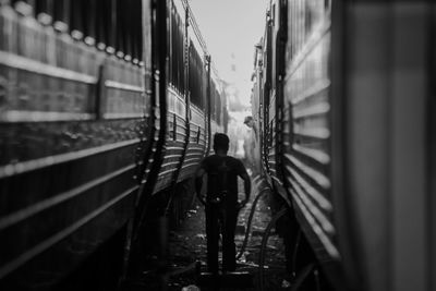 Rear view of man standing amidst trains